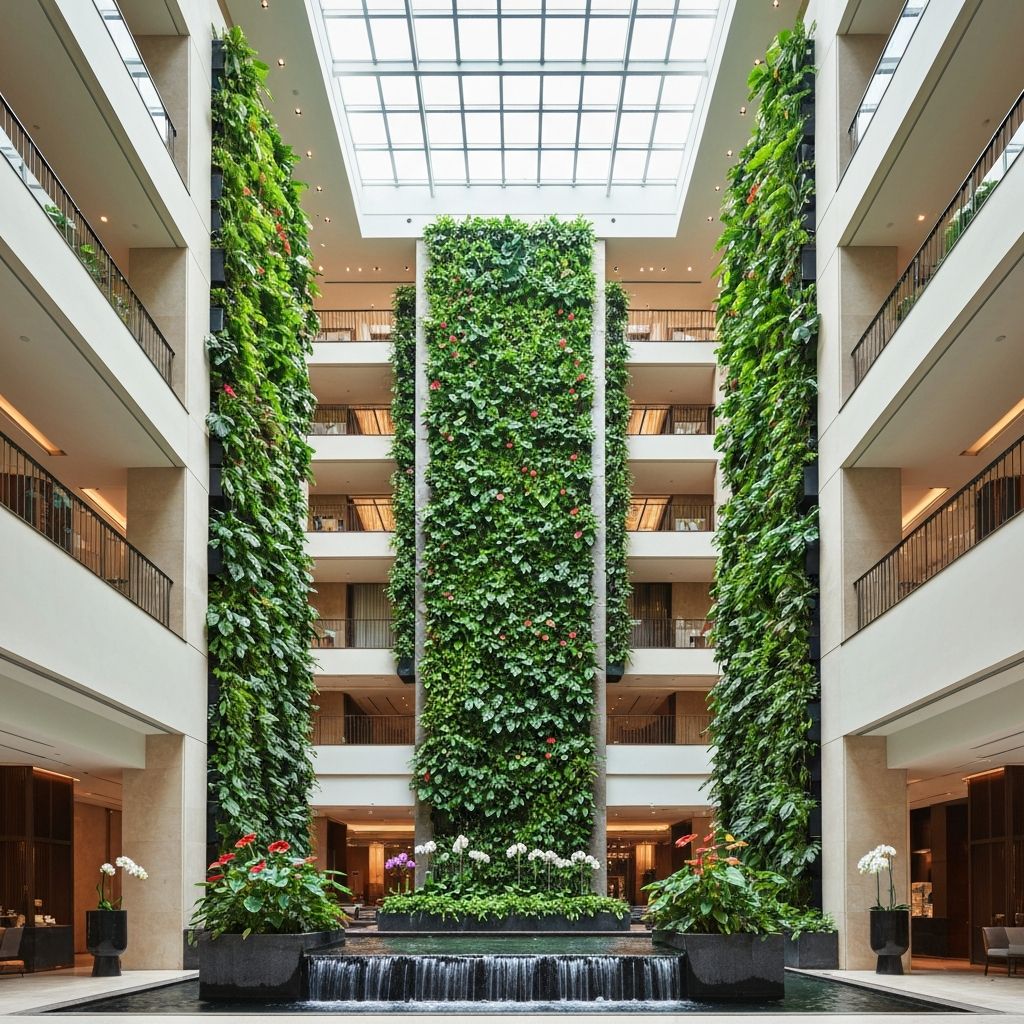 Grand hotel atrium with multi-story living walls